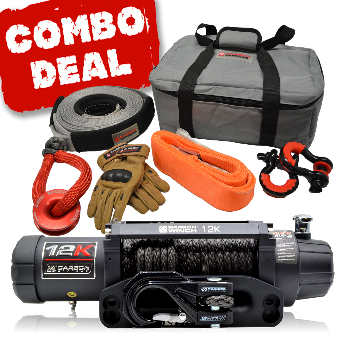 Carbon V.3 12000lb Winch Black Hook and Recovery Combo Deal