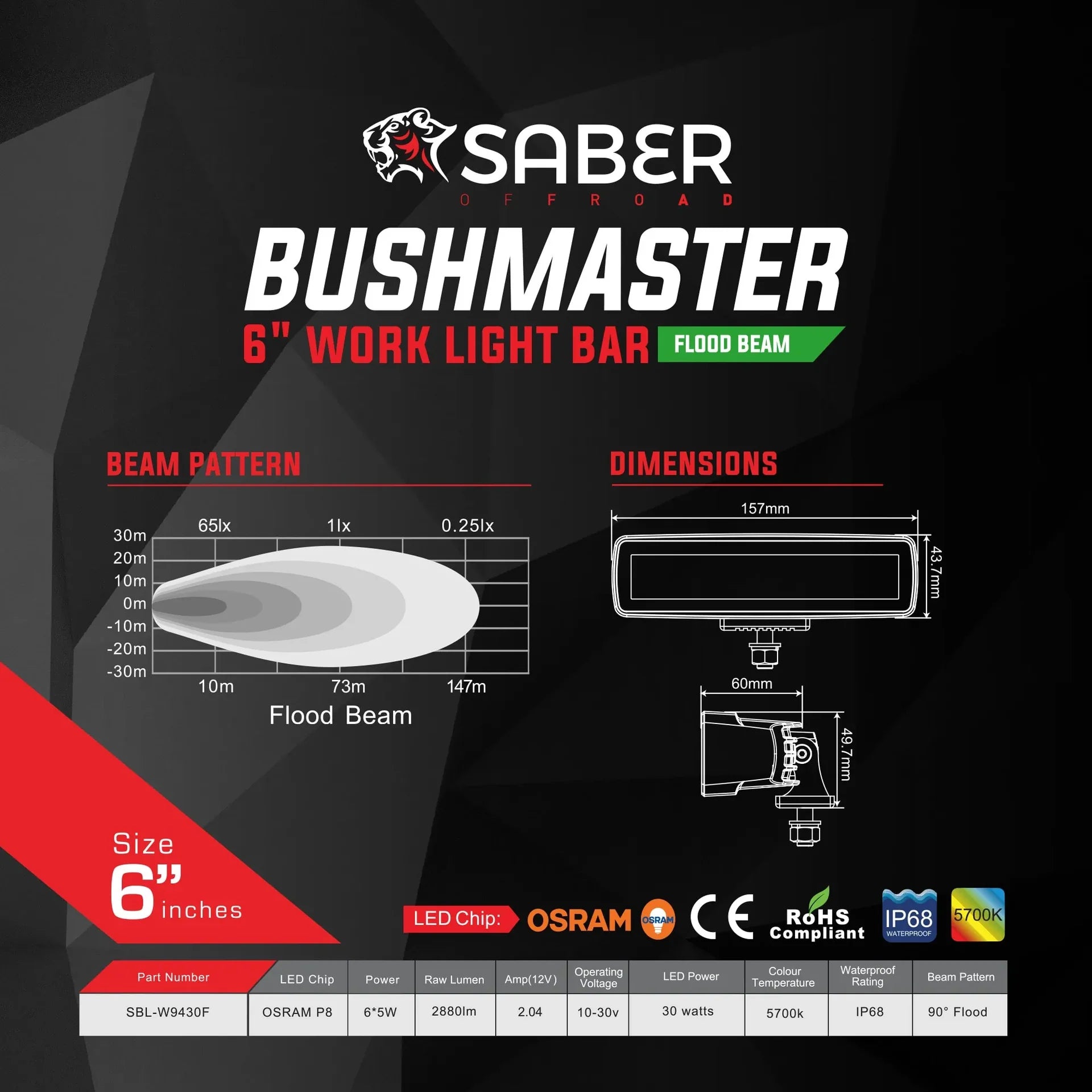6€³ Work Light Bar  Flood Beam