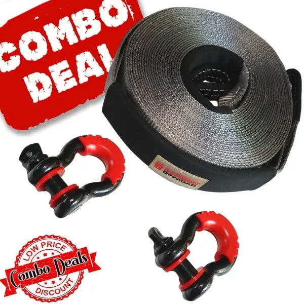 Carbon 20m 8T Winch Extension Strap and 2 x Bow Shackle Combo Deal - Carbon Offroad