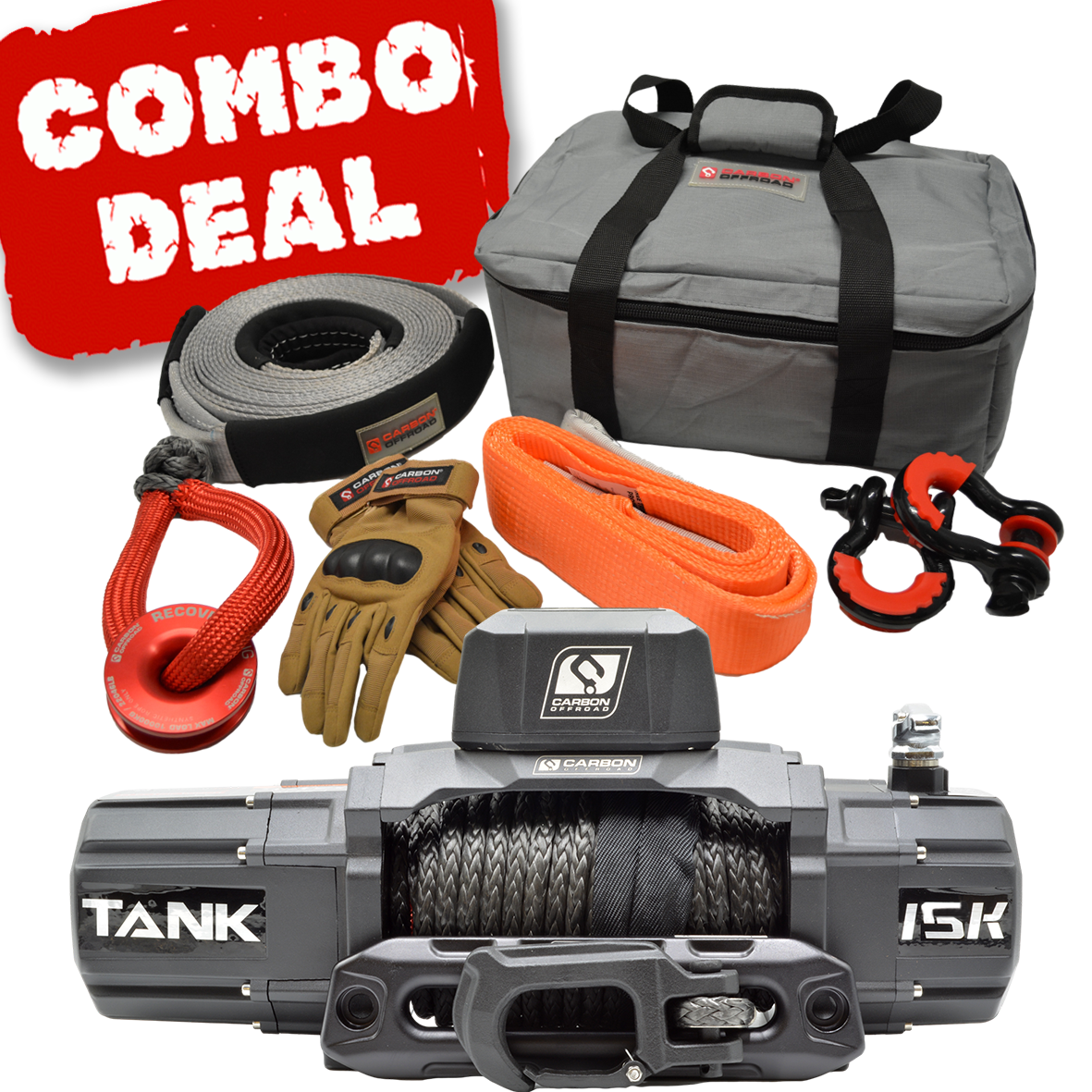 Carbon Tank 15000lb 4x4 Winch Kit IP68 12V and Recovery Combo Deal